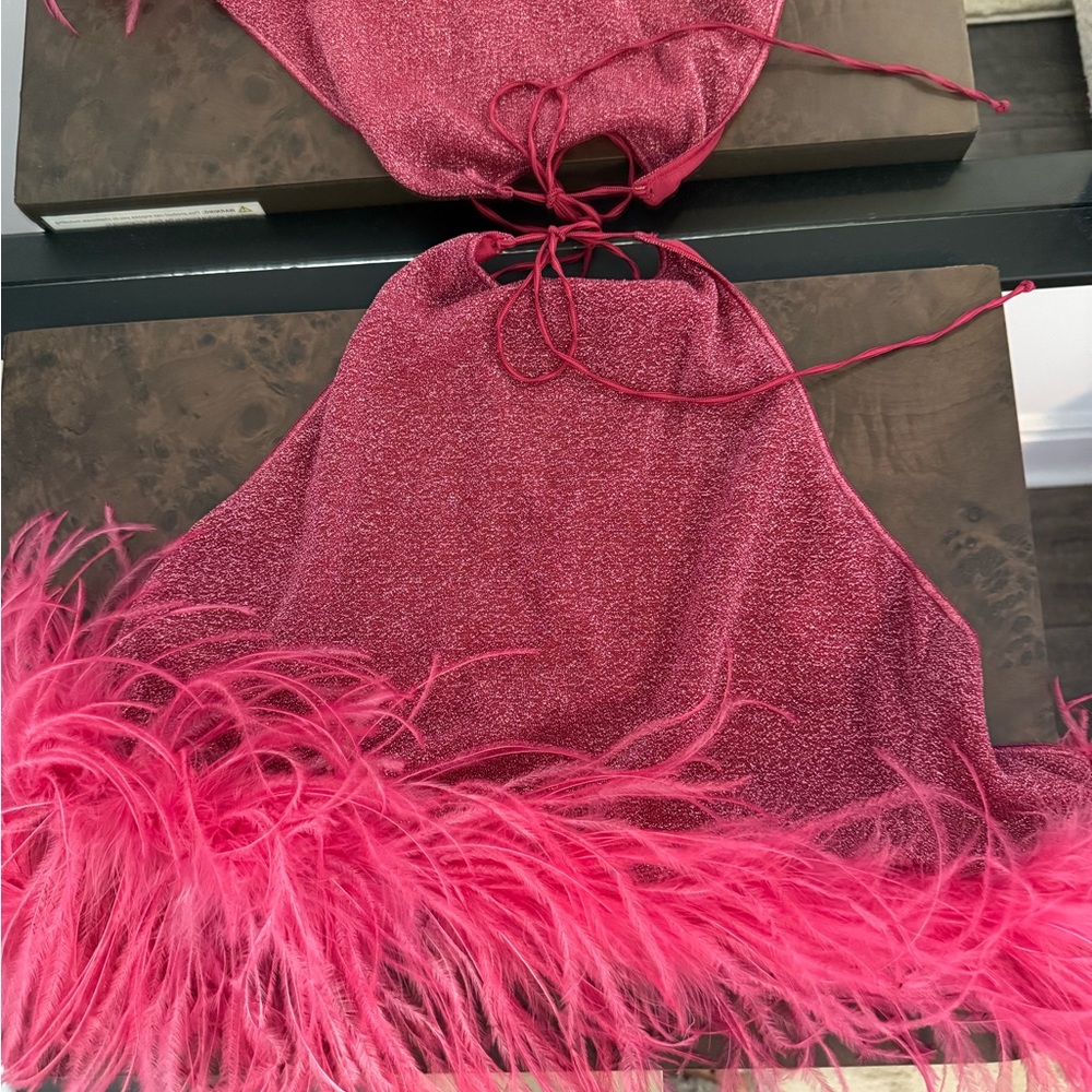 Pink Halter Top with Feather Trim